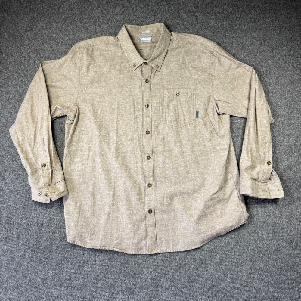 Columbia Mens XL Tan Heathered Long Sleeve‎ Button Down Shirt Regular Fit Cotton